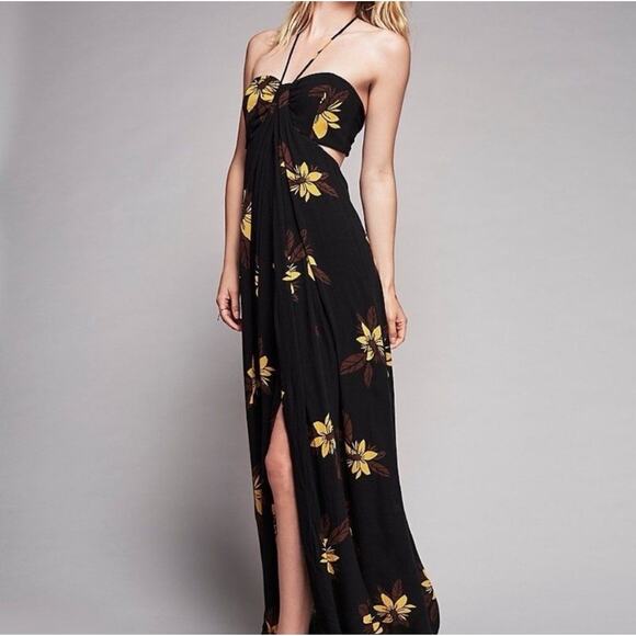 Free People Tropical Escape Maxi Dress M Medium Black Floral Cut Out - Picture 1 of 8
